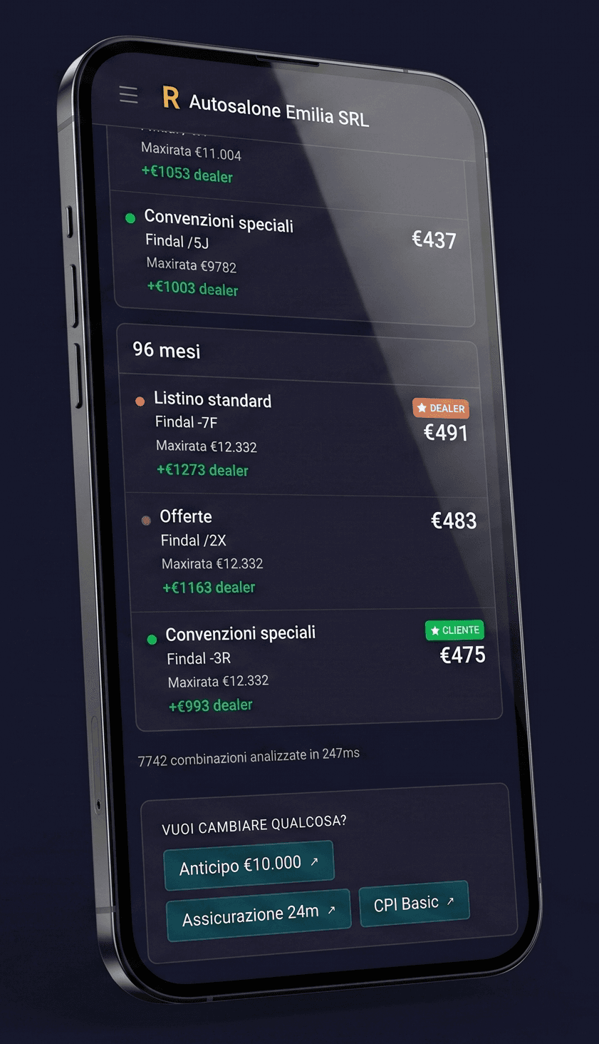 Rettifilo su iPhone: tabellone delle combinazioni con migliaia di rate calcolate in tempo reale